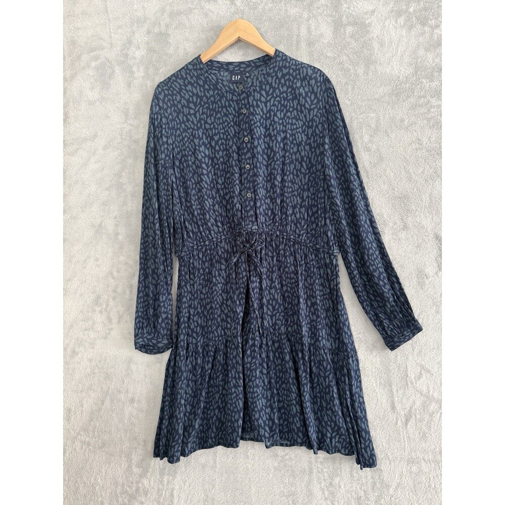 Gap Tiered Dress Womens XL Navy Blue Leopard Print Button Front Drawstring Waist
